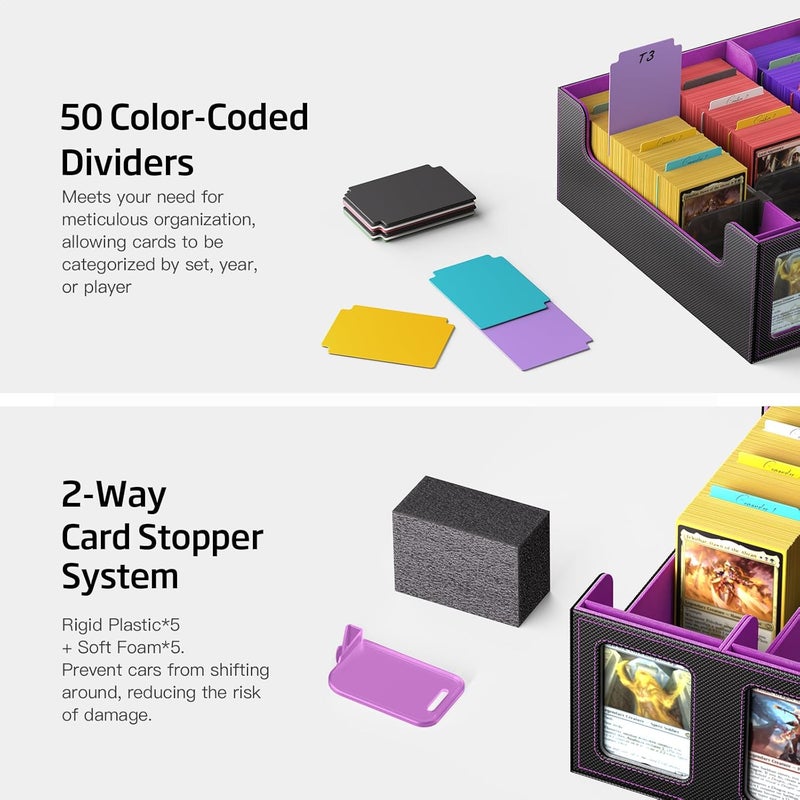 MORCCO Trading Card Storage Box 5-Row 3900+ Capacity,TCG MTG Card Case with Magnetic Lid & Commander Display,Top Loader Storage for Sports Cards,Includes Dividers Dice Box（Black Purple） - Image 4